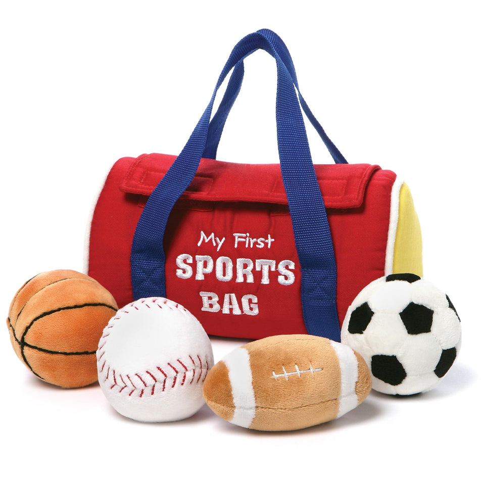 GUND My First Sports Bag 8-inch duffel holds four plush toys for baby play.