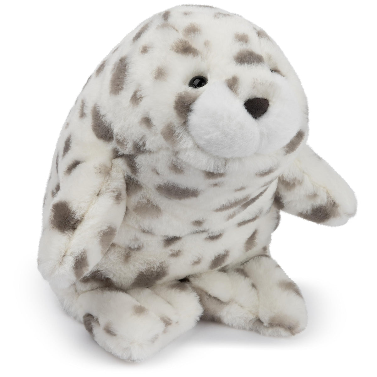 GUND Nuri Leopard Seal 10-inch plush with a soft white-gray coat and gentle eyes.