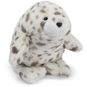 GUND Nuri Leopard Seal 10-inch plush with a soft white-gray coat and gentle eyes.