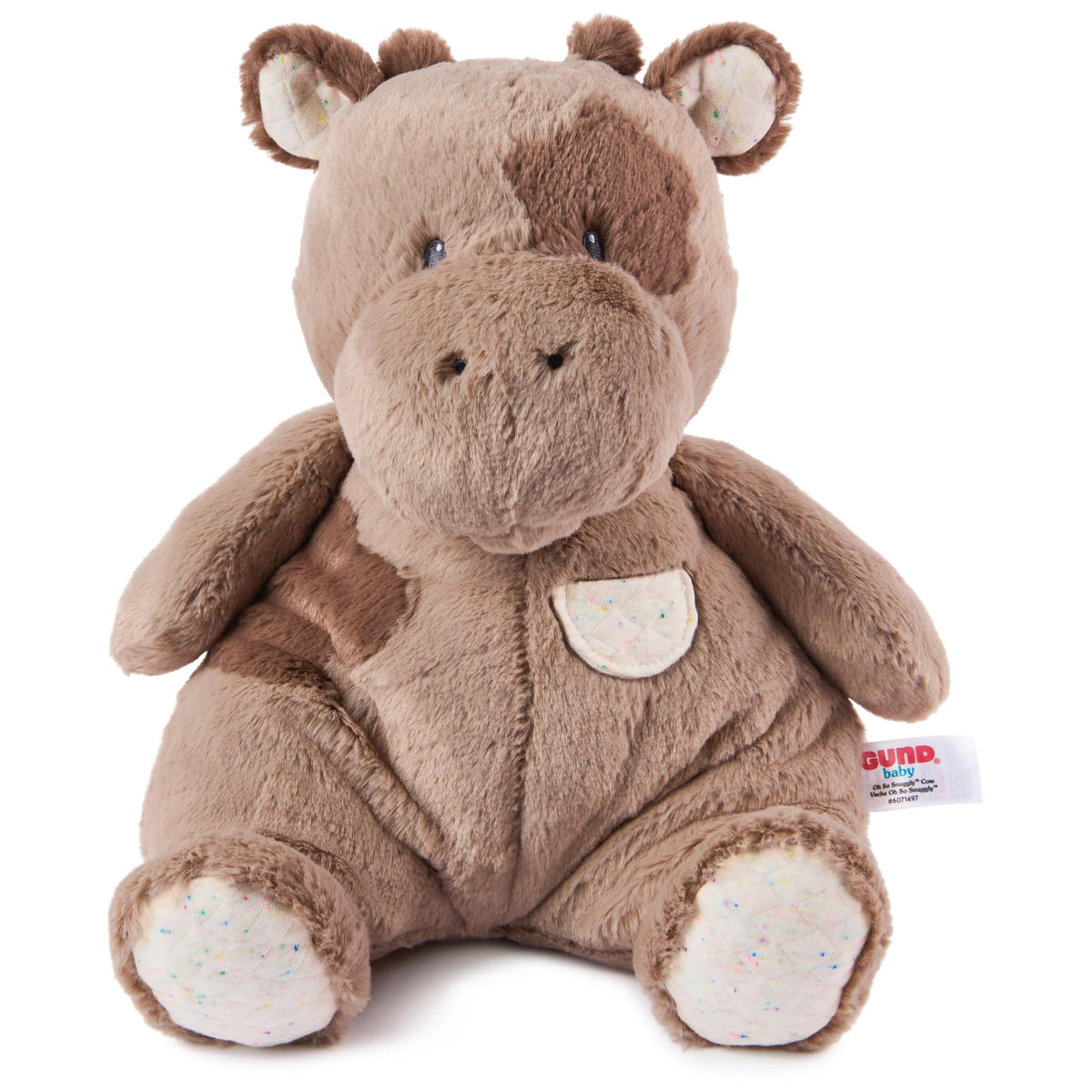 GUND Oh So Snuggly Cow plush face closeup with embroidered features and soft texture.