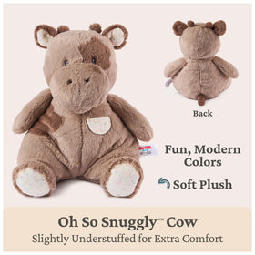 Full body view of the Oh So Snuggly Cow plush in cozy mocha tones.