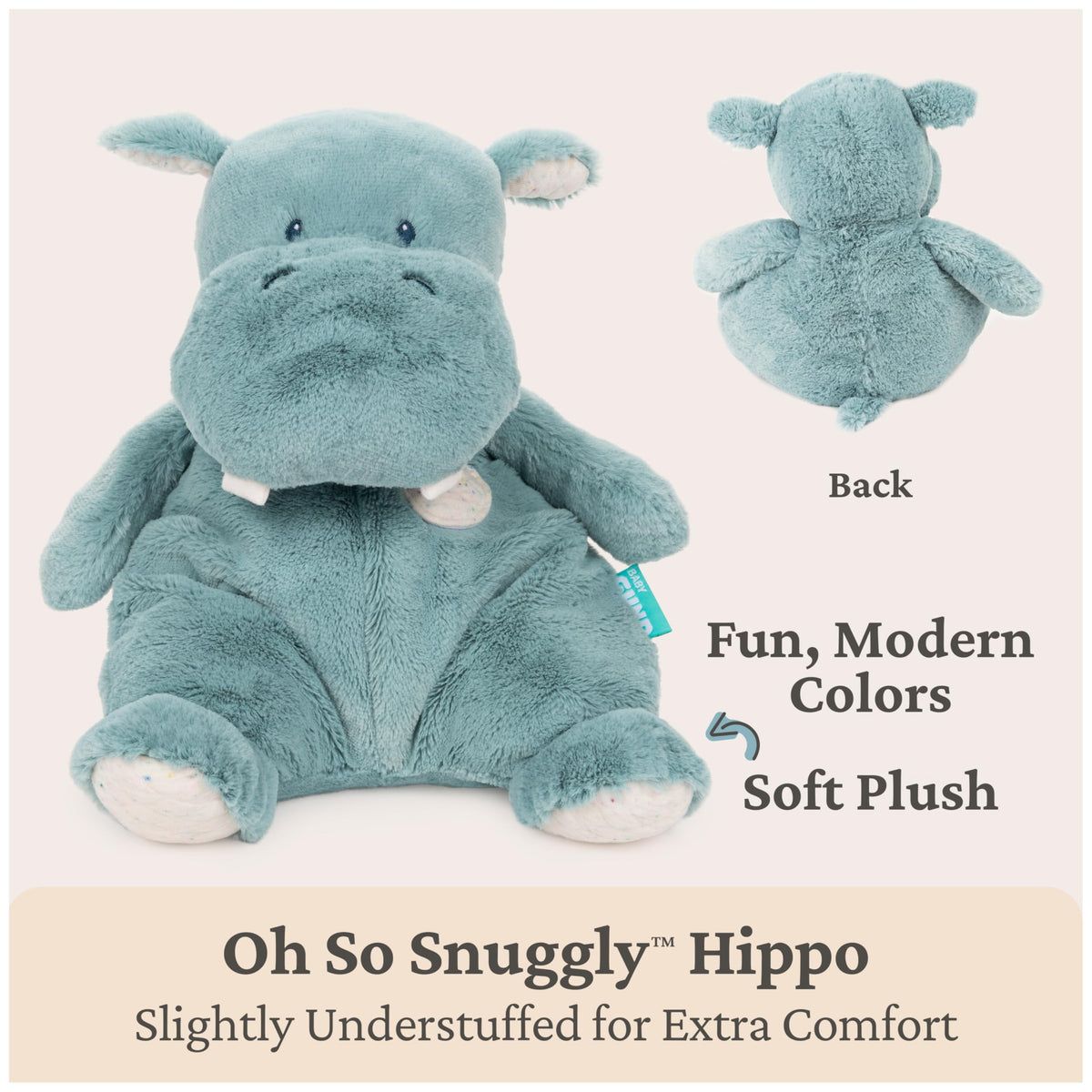 Close-up of embroidered facial details on the GUND hippo for safe, gentle cues.