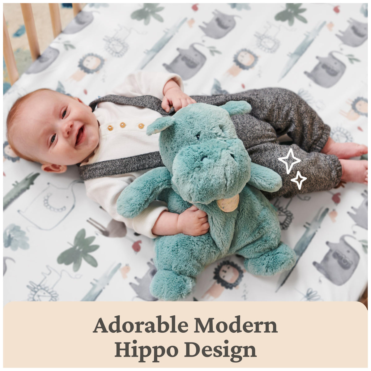GUND Oh So Snuggly Hippo teal demonstrates machine washable care for easy cleanup.