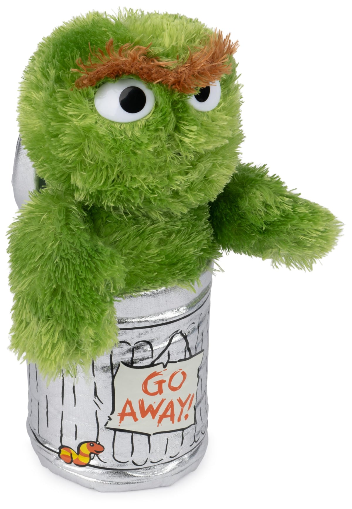Silver trash can detail on Oscar plush enhances room decor