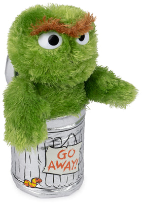 Silver trash can detail on Oscar plush enhances room decor