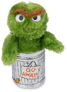 GUND Oscar the Grouch plush in a trash can ready for cuddling and display