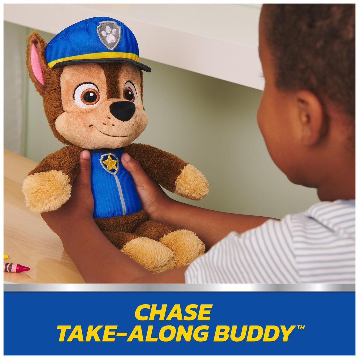 Chase in blue police uniform with hat, bold PAW Patrol badge for realistic dress-up.