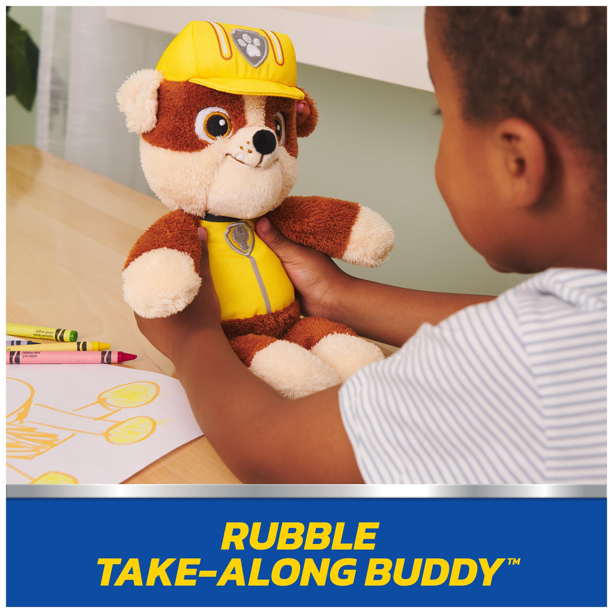 GUND Paw Patrol Rubble front view showing embroidered facial details for safe, child-friendly play.