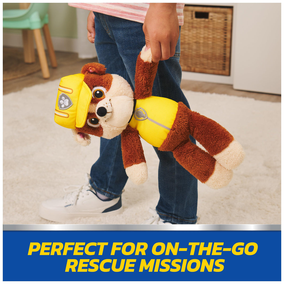 GUND Rubble in yellow construction uniform with helmet and PAW Patrol badge for authentic look.