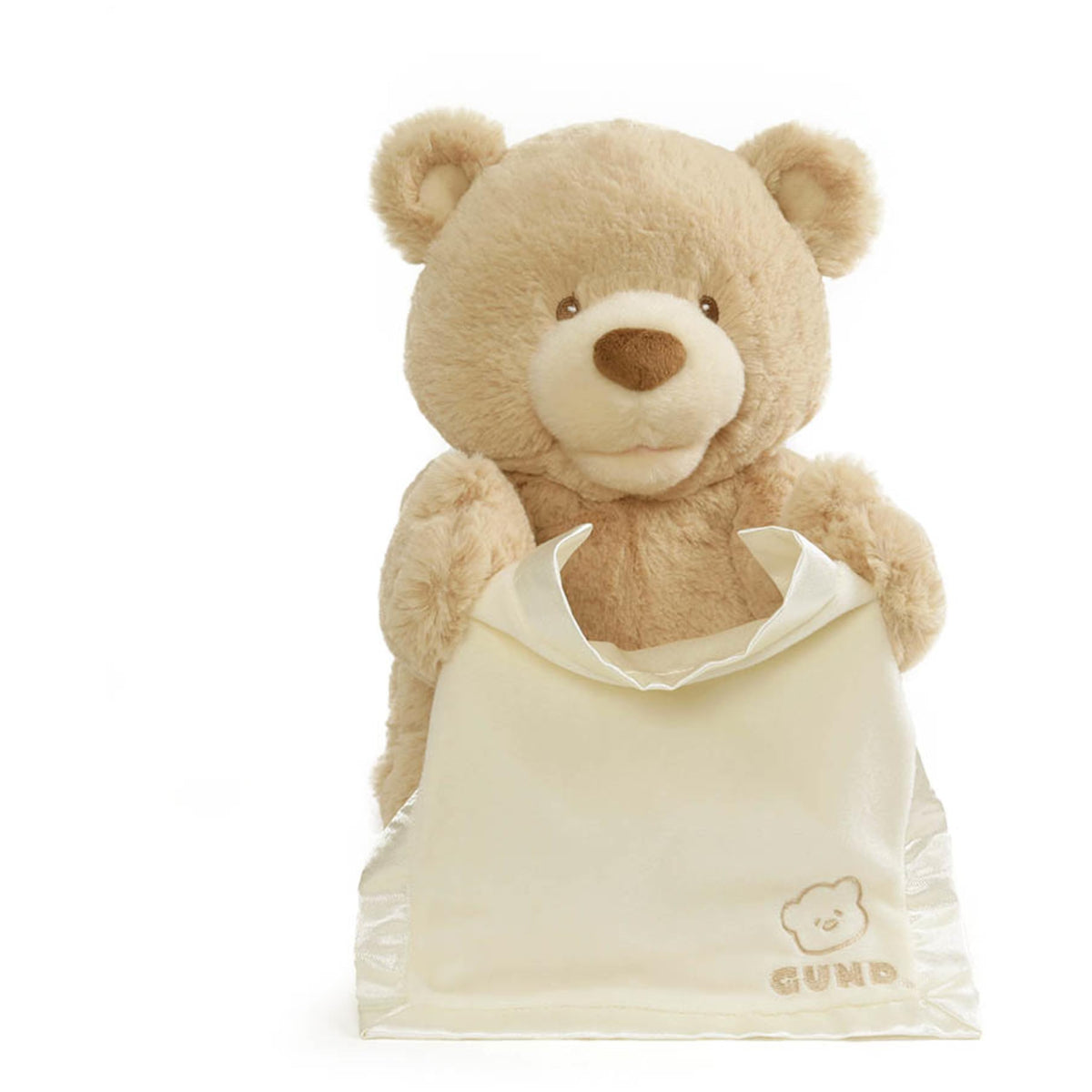 GUND Peek-a-Boo Bear animated plush with moving mouth and arms for interactive play.
