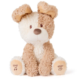 GUND Peeki the Puppy animated plush face close-up, ideal for baby snuggles and playful exploration.