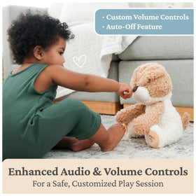 Cream and tan plush texture invites cuddling and tactile exploration.