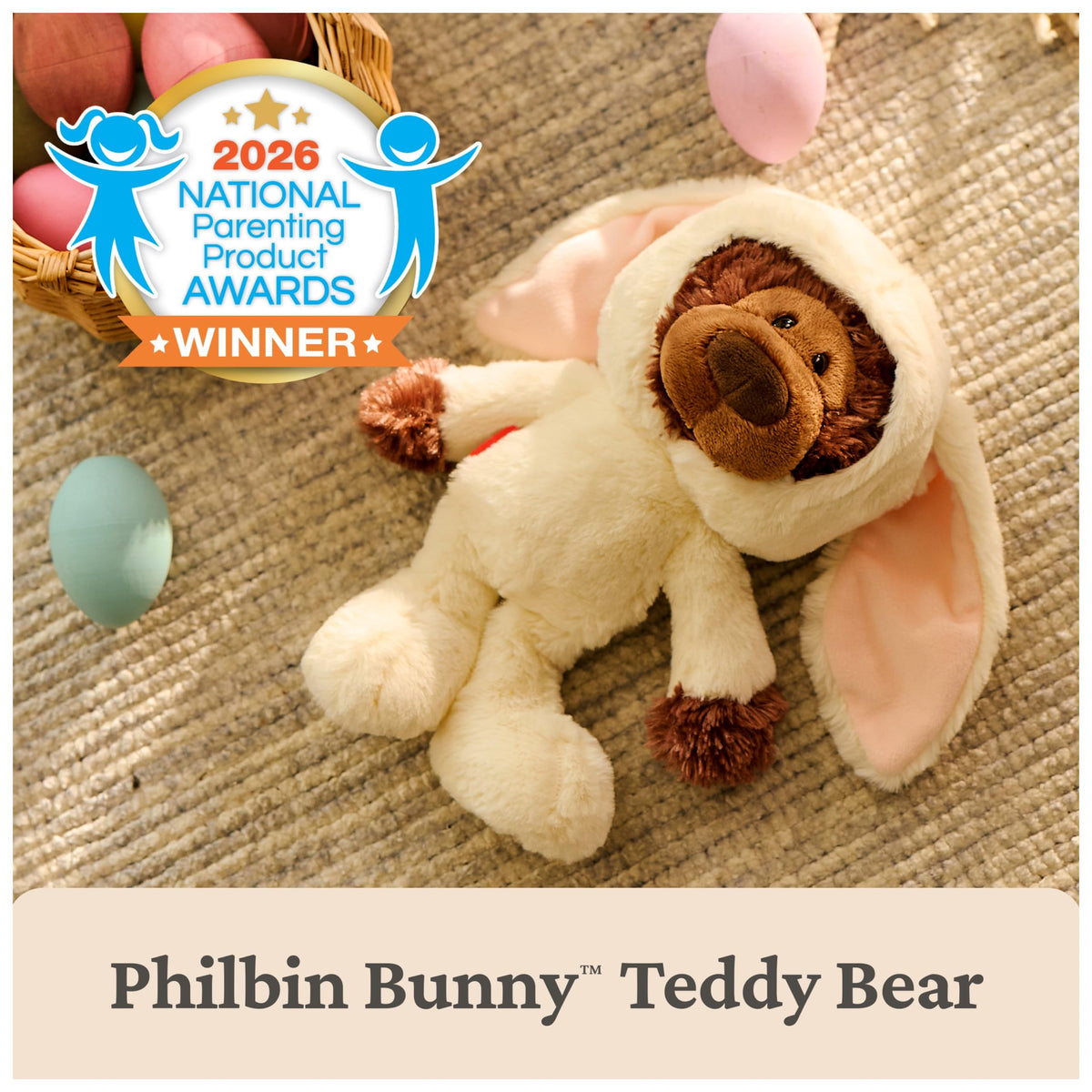 GUND Philbin Bunny Plush with removable hood for dress-up play.
