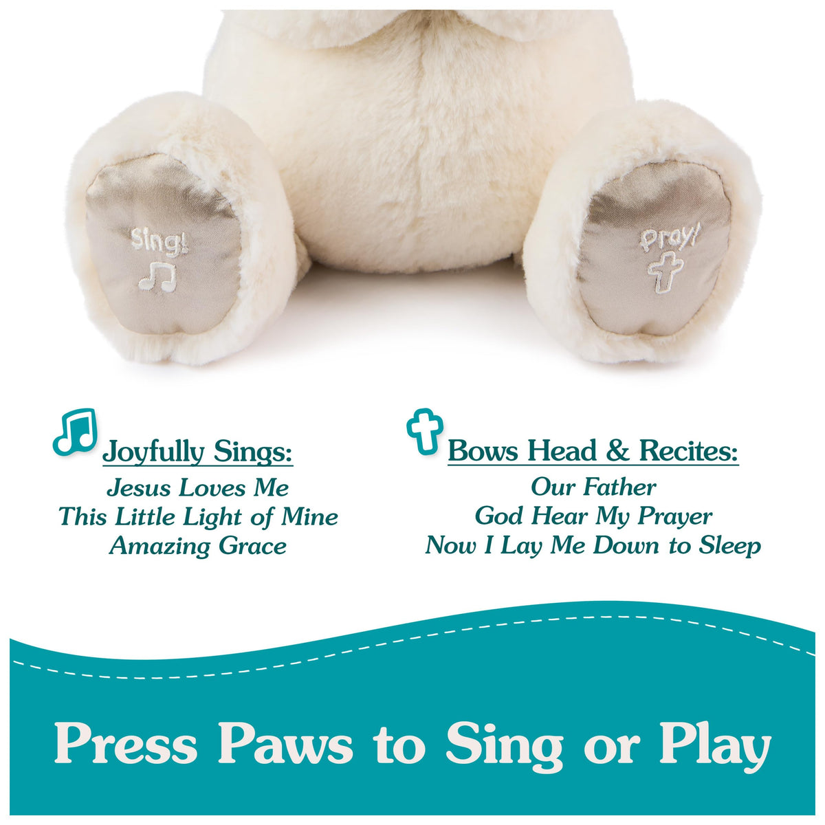 GUND praying-bear bowing head recites one of three prayers during Pray mode.