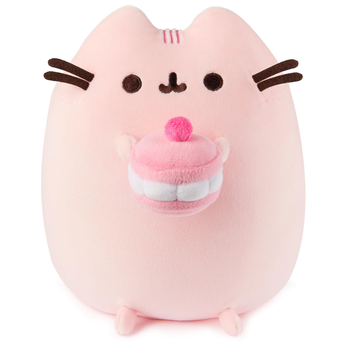 GUND Pusheen Cherry Macaron Squisheen plush holding a macaron for cozy play