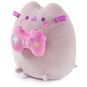 GUND Pusheen Gamer plush close-up showing rosy cheeks and purple whiskers.