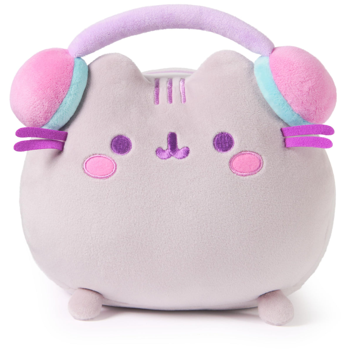 GUND Pusheen wearing purple headphones for a gaming vibe.