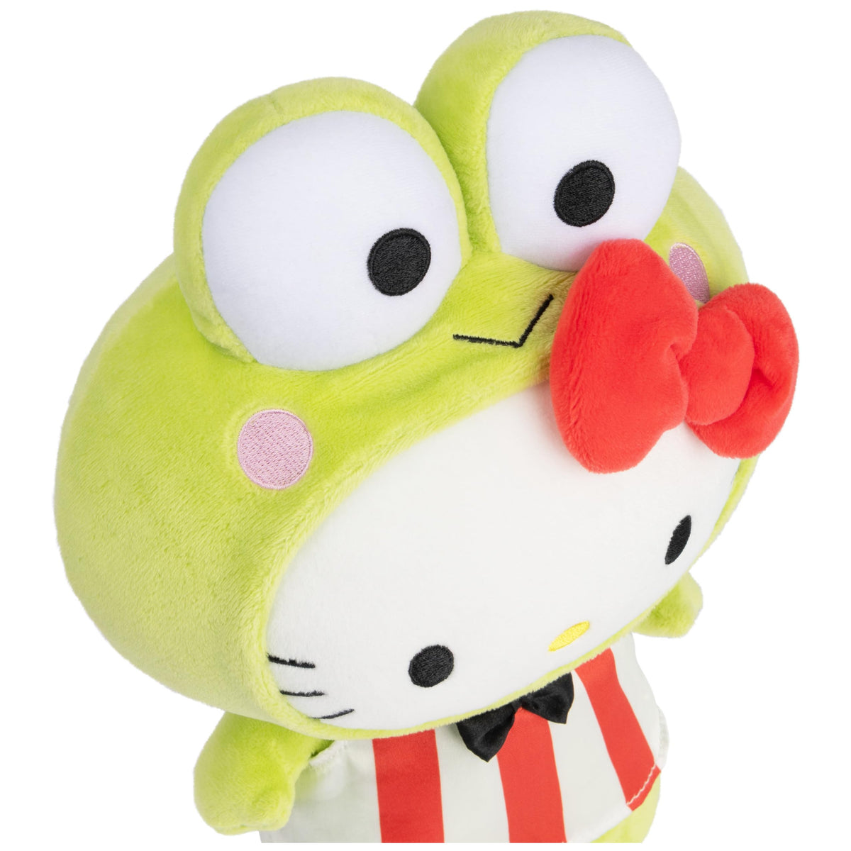 GUND Sanrio Hello Kitty Keroppi plush eyes and bow close-up with durable embroidery.