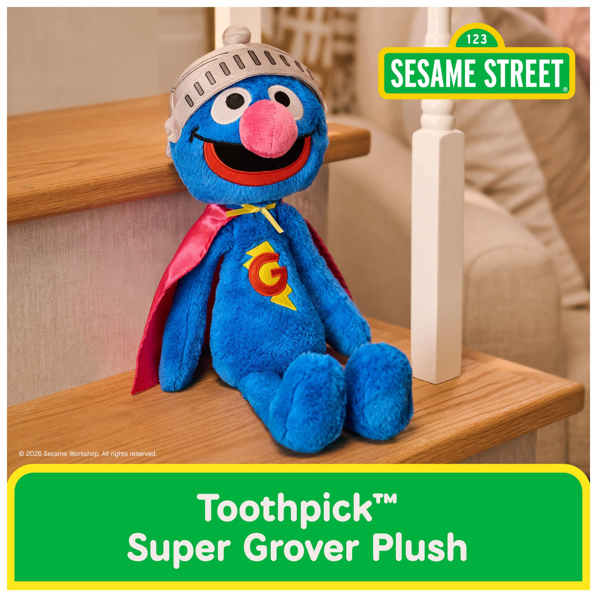 GUND Sesame Street Super Grover with pink cape, ideal for imaginative dress-up adventures.