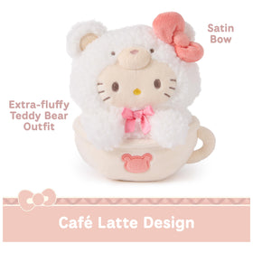 Tan plush mug prop highlights the latte presentation.