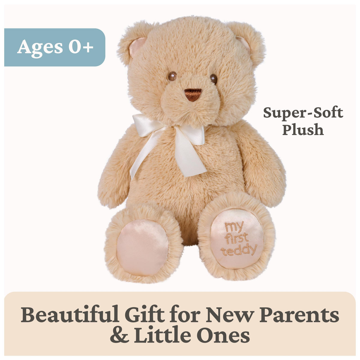 GUND teddy with embroidered face details enhances safety and timeless charm.