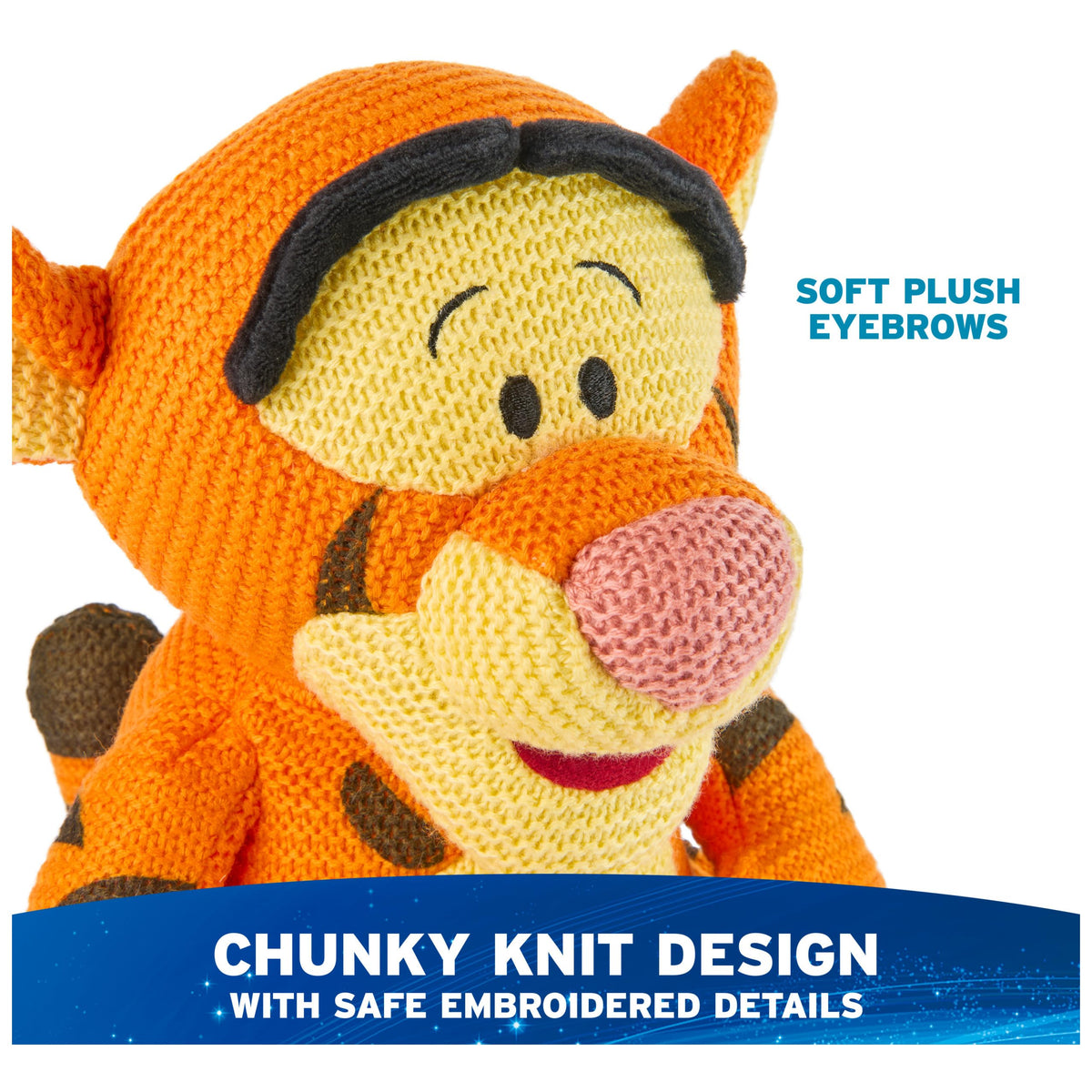 GUND Tigger knit plush features open smile and expressive eyebrows for a friendly look.