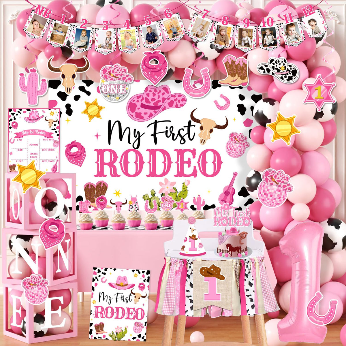 Gupesxu My First Rodeo banner adds a festive photo backdrop for a baby girl's birthday.
