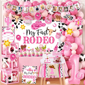 Gupesxu My First Rodeo banner adds a festive photo backdrop for a baby girl's birthday.