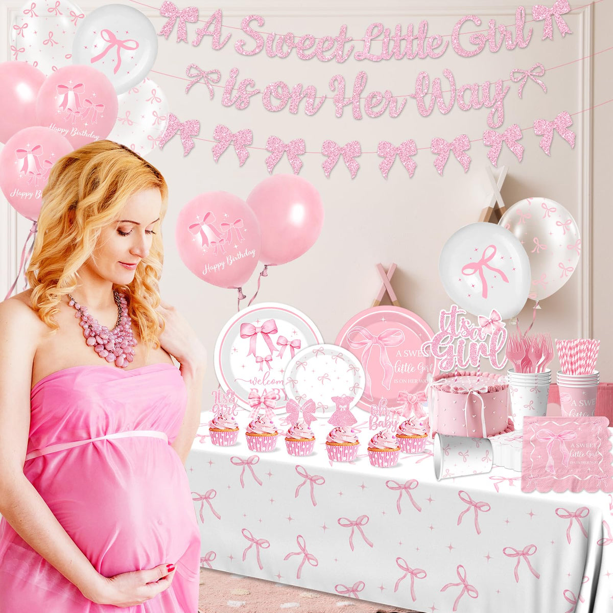 Gupesxu Pink Bow banner welcomes guests with a soft baby girl theme