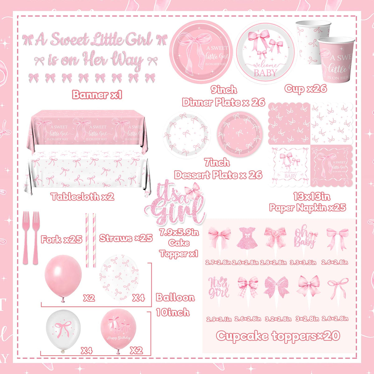 Gupesxu Pink Bow cake topper cute centerpiece with cupcake toppers