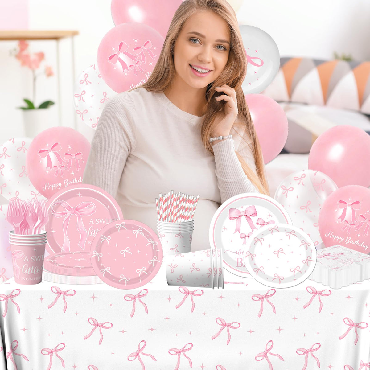 Gupesxu pink bow utensils: disposable forks and straws for quick party setup.