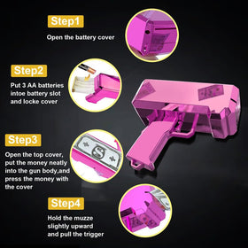Gusil money gun with dollars flying, creating a dramatic rain effect.