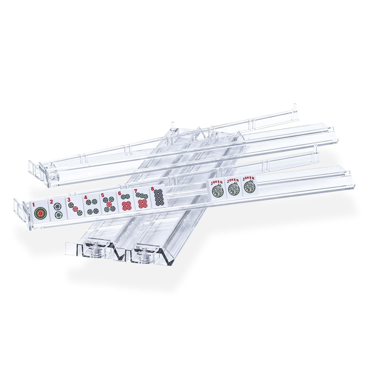GUSTARIA mahjong all-in-one rack and pusher in clear acrylic, four-pack for convenient play.