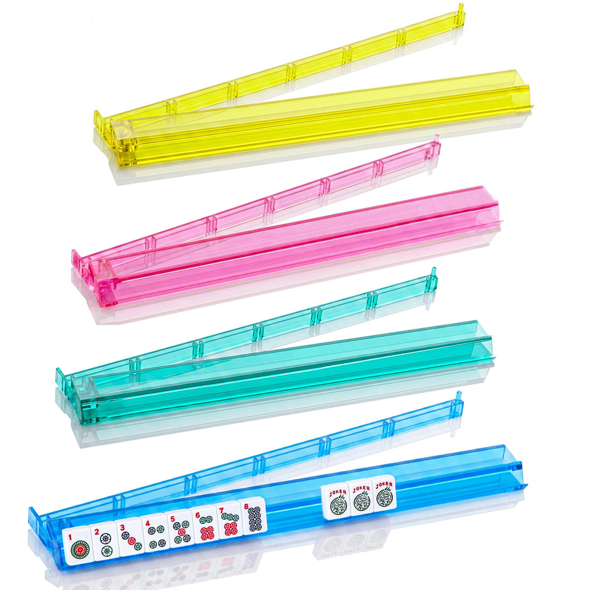 GUSTARIA Mahjong all-in-one rack and pusher in clear acrylic with four-pack setup.