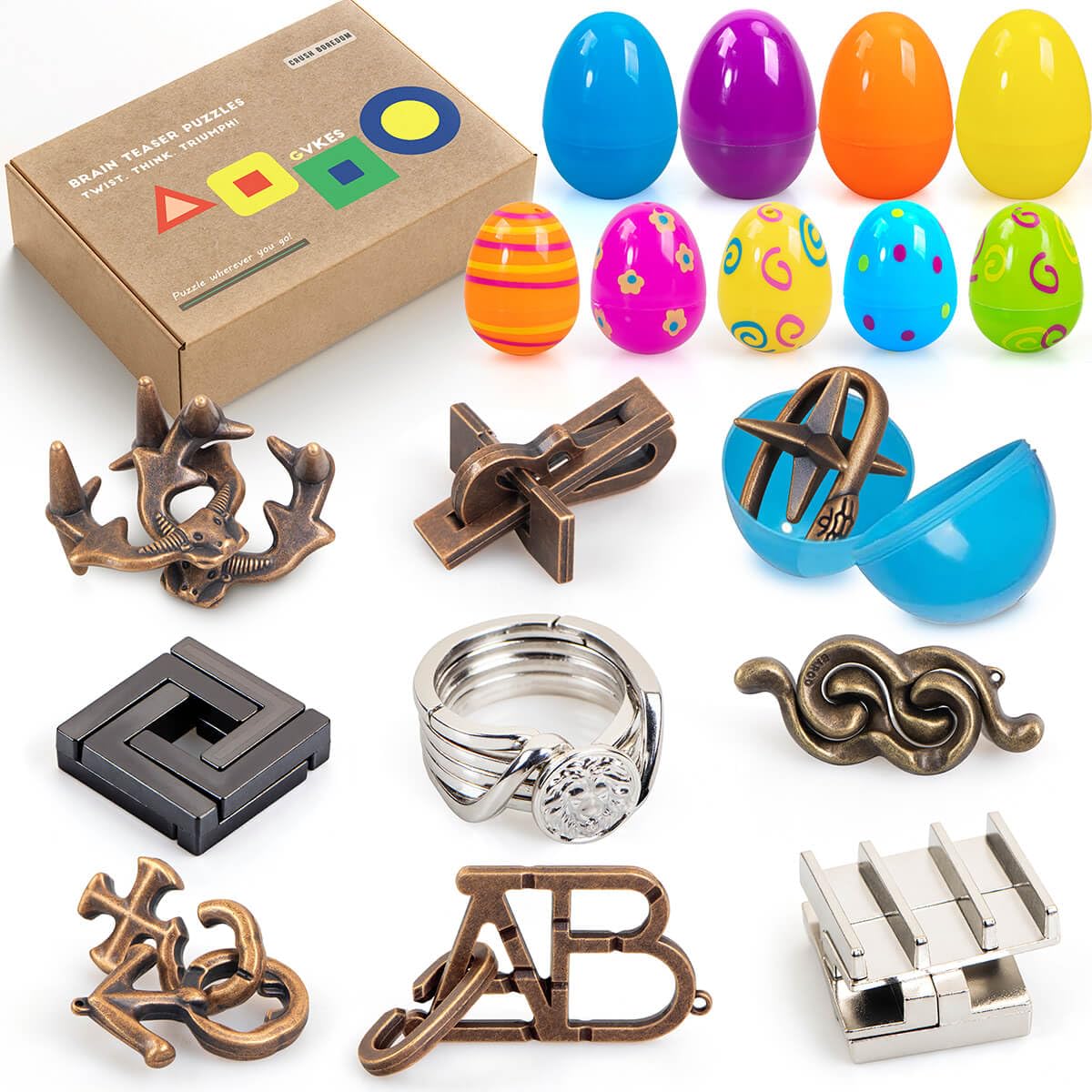 GVKES 9-piece metal brain puzzle eggs in a gift box, inviting challenging problem solving.