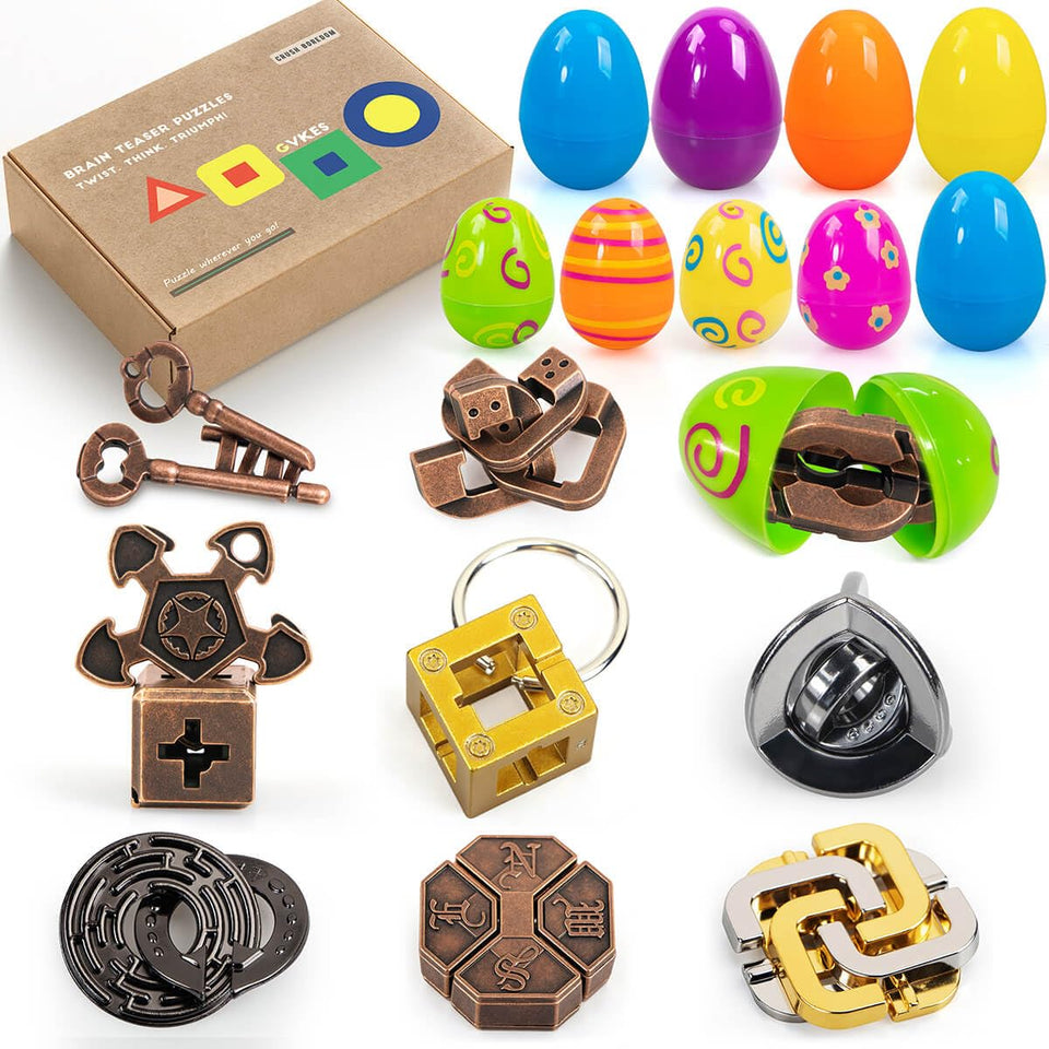 GVKES 9-piece metal brain teaser set inside surprise eggs for focused problem solving.