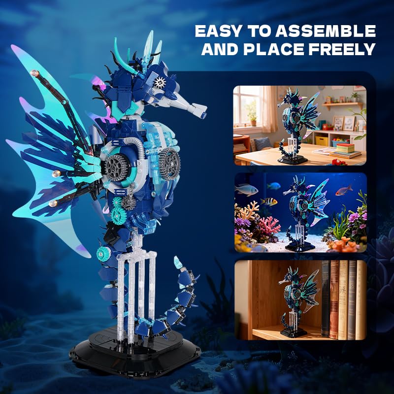 GXJTYYBS mechanical seahorse on a shelf as a vibrant ocean decor statement.