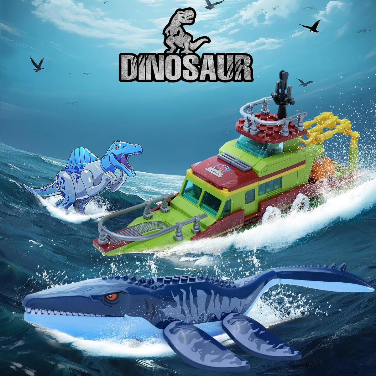 GXJTYYBS Mosasaurus model showing posable fins for dynamic play.