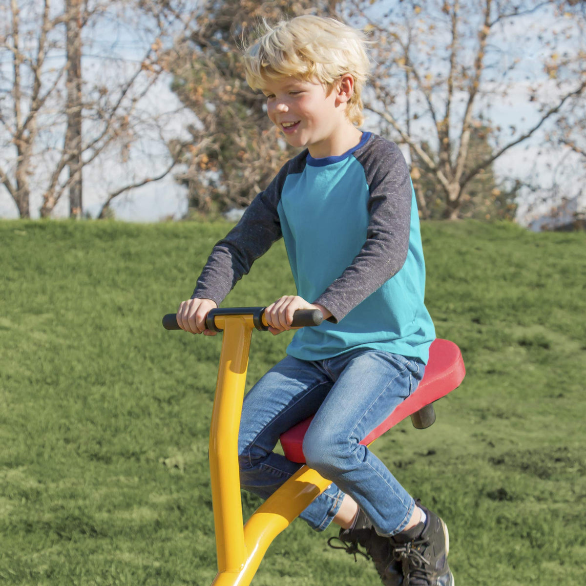 Gym Dandy ergonomic seesaw design supports comfortable posture during play.
