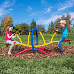 Gym Dandy pendulum motion teeter-totter promotes smooth rocking for active backyard play.
