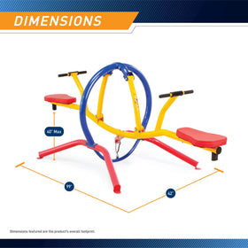 Gym Dandy safety cable lock shown securing the seesaw during supervised play.