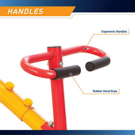 Weather-proof frame of Gym Dandy teeter totter resisting rust outdoors