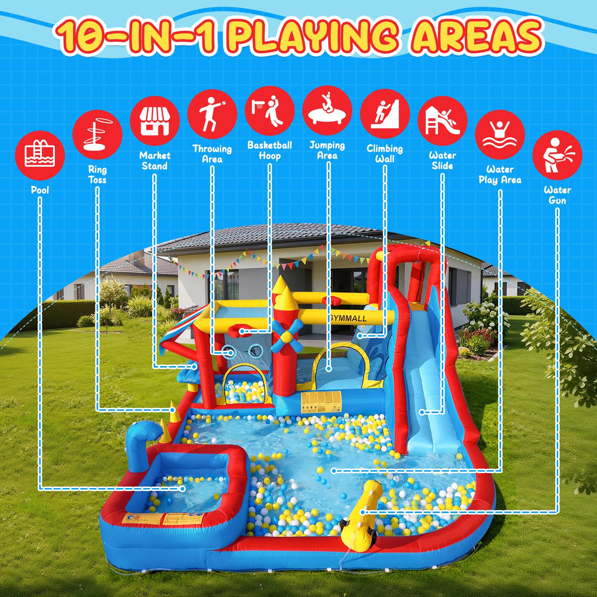 GYMMALL 10-in-1 play zone with market stand encourages imaginative play.