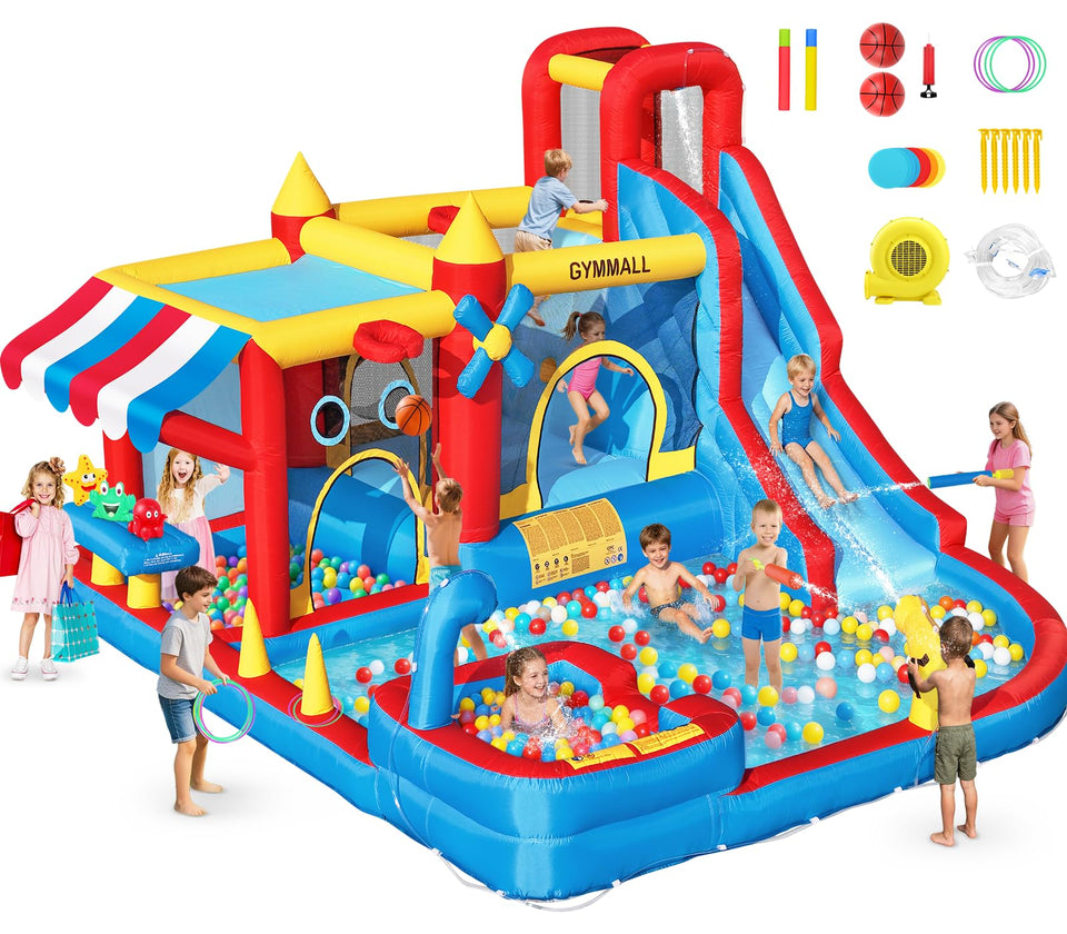 GYMMALL inflatable bounce house water slide with 550W blower for outdoor fun.