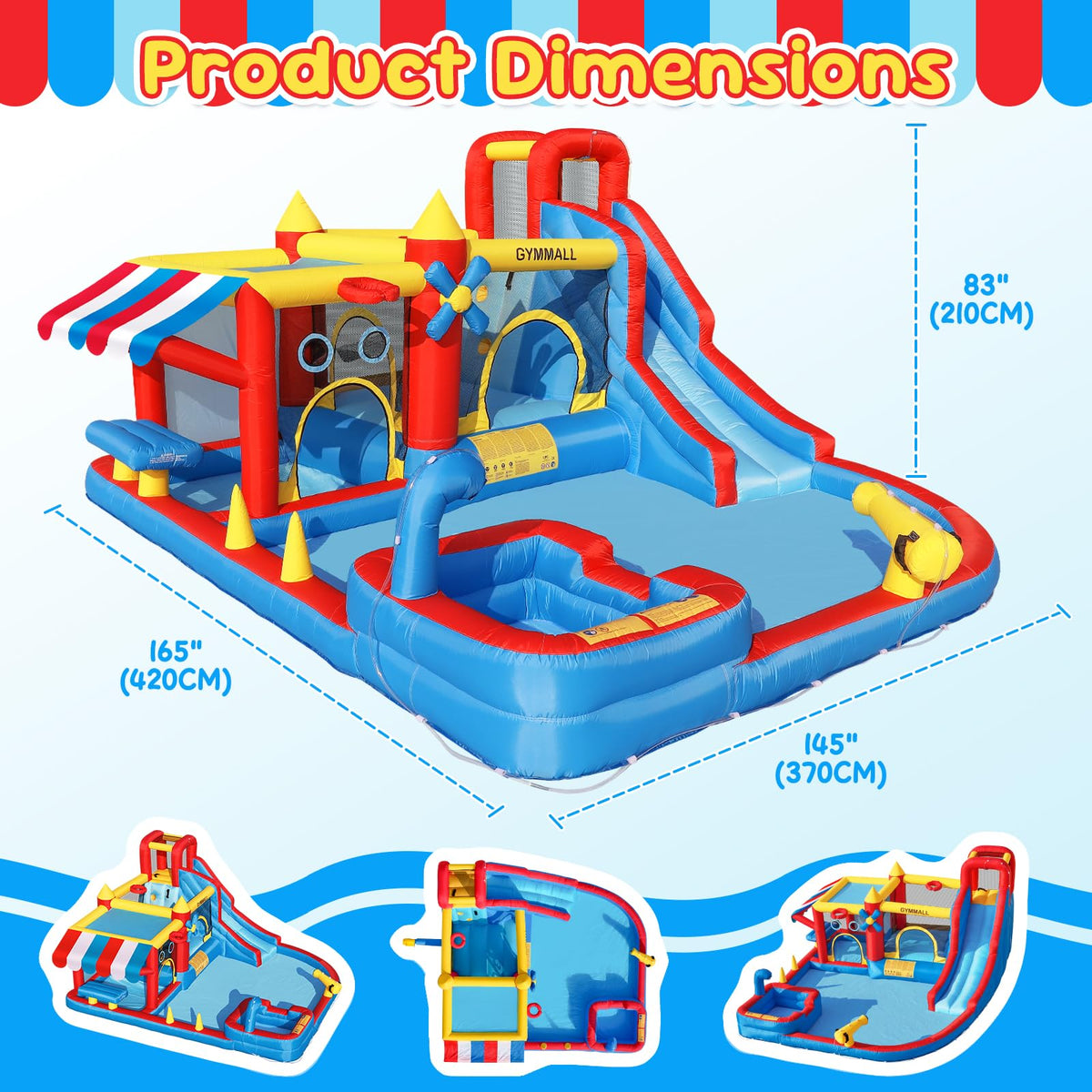 Water splash pool and slide feature keeps kids cool during outdoor sessions.