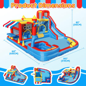 Water splash pool and slide feature keeps kids cool during outdoor sessions.