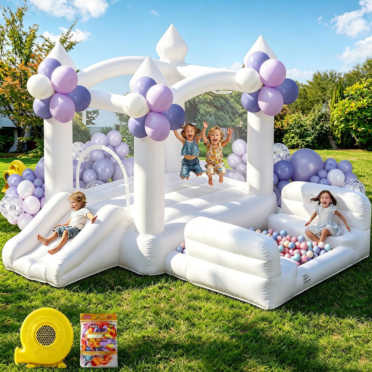 GYMMALL white bounce house showing large jumping area for kids' party fun