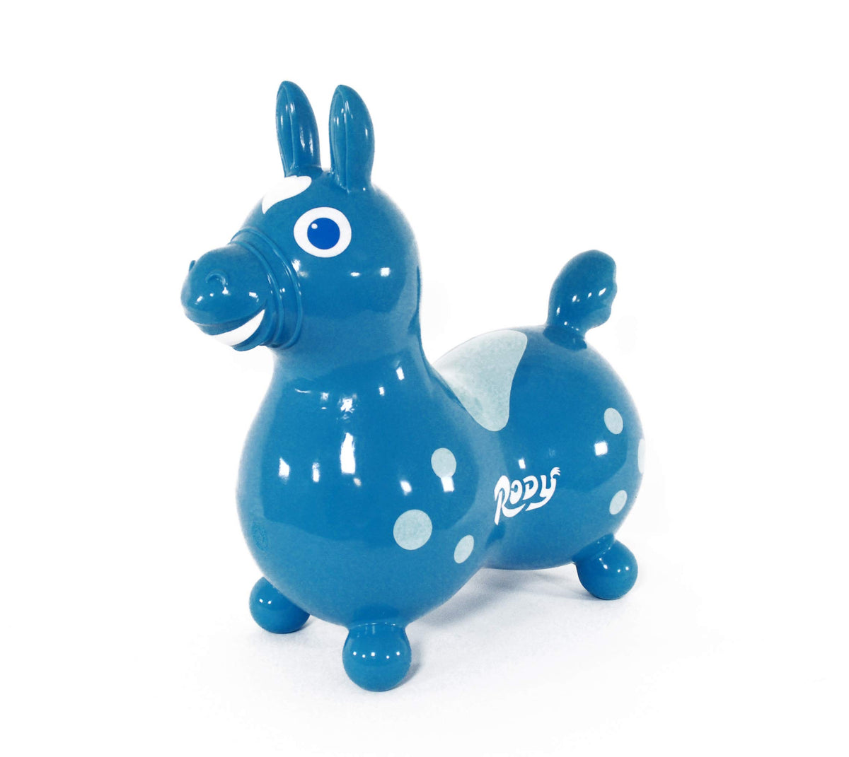 Gymnic Rody teal bounce horse with a friendly smile promotes active balance for kids.