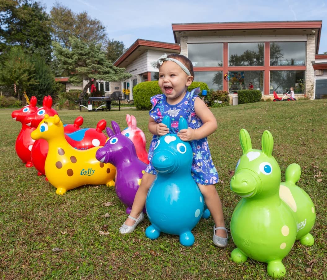 Gymnic Rody teal inflation valve helps customize firmness for growing children.