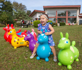 Gymnic Rody teal inflation valve helps customize firmness for growing children.